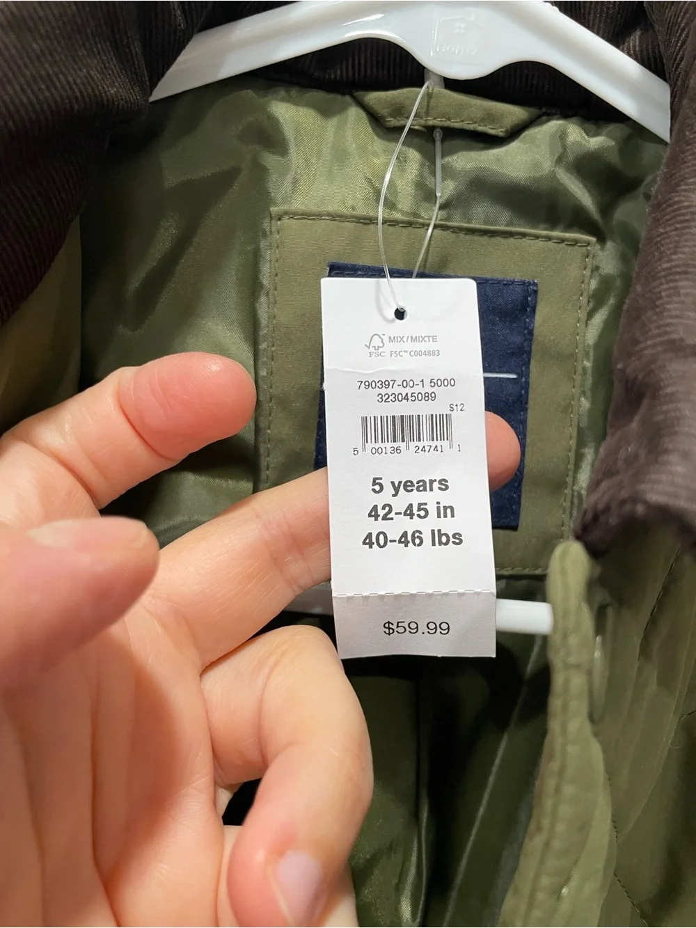 GAP Quilted Olive Green Puffer Jacket with Brown Collar